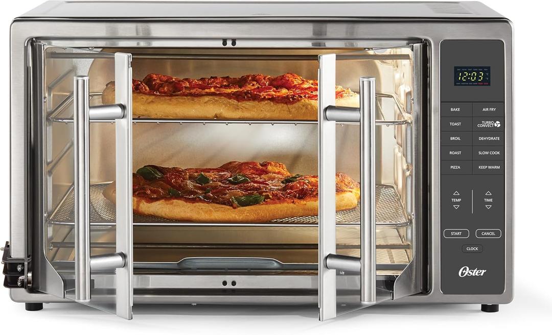 Oster Extra Large 42L French Door Countertop Toaster Oven, 10-in-1 Air Fryer Oven, with Air Fry Rack, Wire Rack, Baking Pan and Crumb Tray, Stainless Steel, 42 Liter