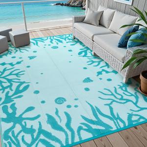 Uphome Coastal Outdoor Rug Waterproof 8x10, Reversible Ocean Beach Theme Patio Plastic Straw Rugs, RV Camping Outside Carpet Mat for Pool Back Yard Deck Picnic, 8 x 10 ft