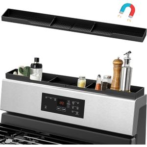 AWOKE Stove Top Shelf 30 Inch - Silicone Material Magnetic Shelf for Stove - 3 Functional Partitions Kitchen Spice Rack Organizer-Black,Kitchen Gadgets Storage Organization