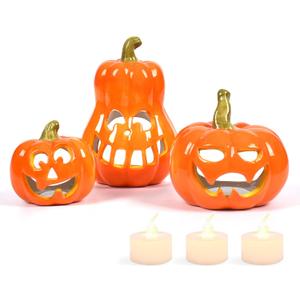 Sunlit Ceramic Pumpkin with 3 Tea Lights, Jack O Lantern Candle Holder Set of 3, Tabletop Indoor Halloween Decorations for Holiday Party Home