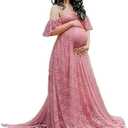 Maternity Off Shoulder Ruffle Sleeve Lace Women's Gown Maxi Photography Dress (Pink Carnation)