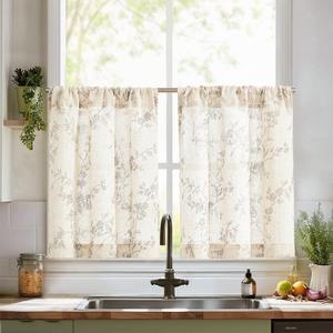 jinchan Gray Floral Kitchen Curtains 30 Inch Linen Tier Curtains Farmhouse Cafe Half Window Drapes Over Sink Light Filtering Grey on Beige for Living Room Laundry RV Rod Pocket 2 Panels