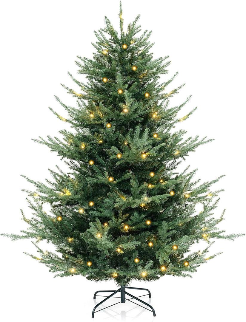 Goplus 6ft Pre-lit Christmas Tree, Artificial Faux Hinged Xmas Tree with 240 Warm White LED Lights, PE & PVC Mixed Leaves, 778 Branch Tips, for Home Office Decoration