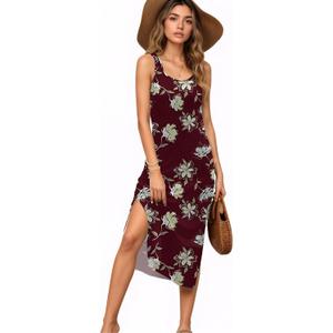 Women's Summer Midi Dress 2025 Sleeveless Floral Print Split Casual Bodycon Long Beach Sundress Travel Vacation Outfits (XXXL)