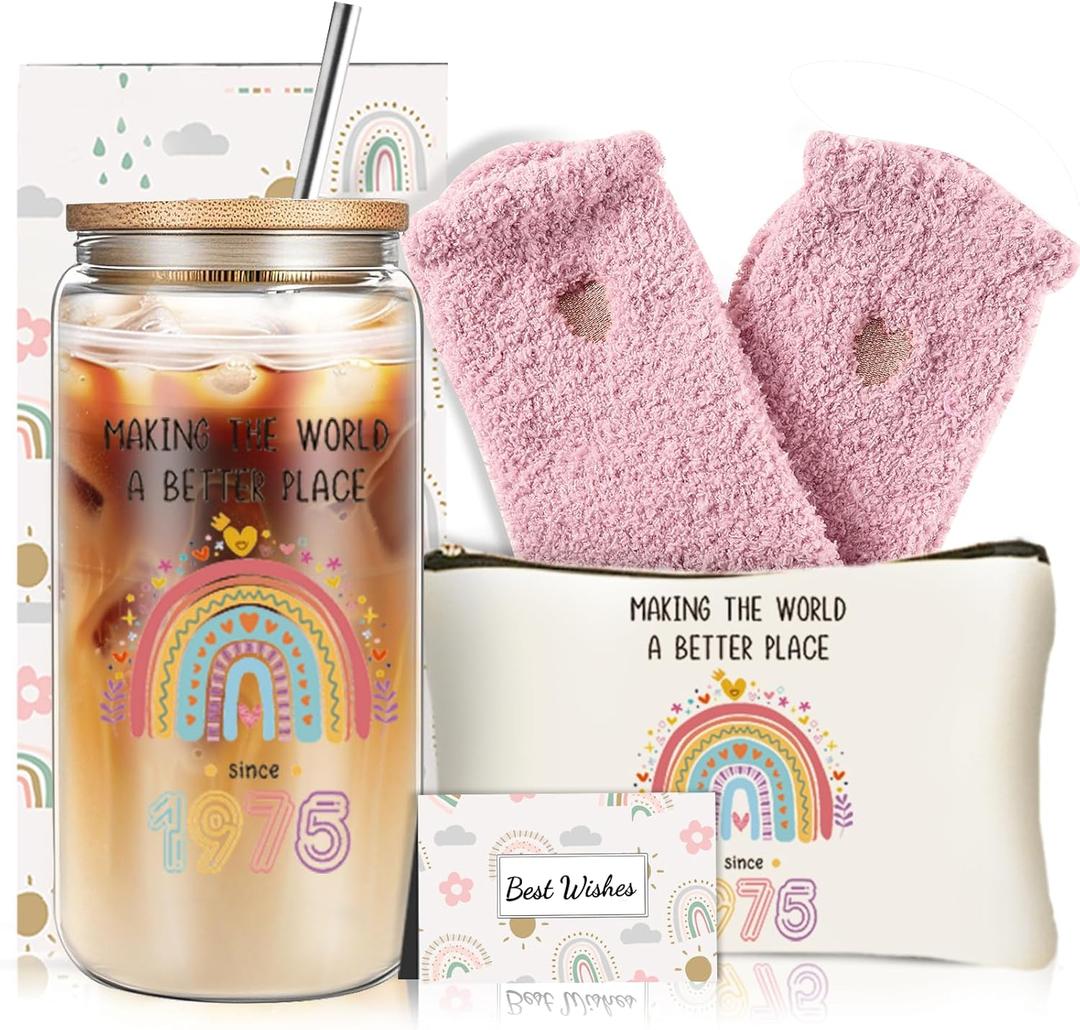 DHQH 50th Birthday Gifts for Her, Funny Turning 50 Year Old Gift Set with 16 oz Glass Cup, Happy 50th Birthday Gifts Ideas for Mom Wife Daughter Sister Aunt Coworker