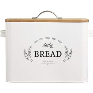 Baie Maison Extra Large White Farmhouse Bread Box for Kitchen Countertop - Breadbox Holder Fits 2+ Loaves - Bread Storage Container Bin - Rustic Bread Keeper Vintage Metal Kitchen Decor for Counter
