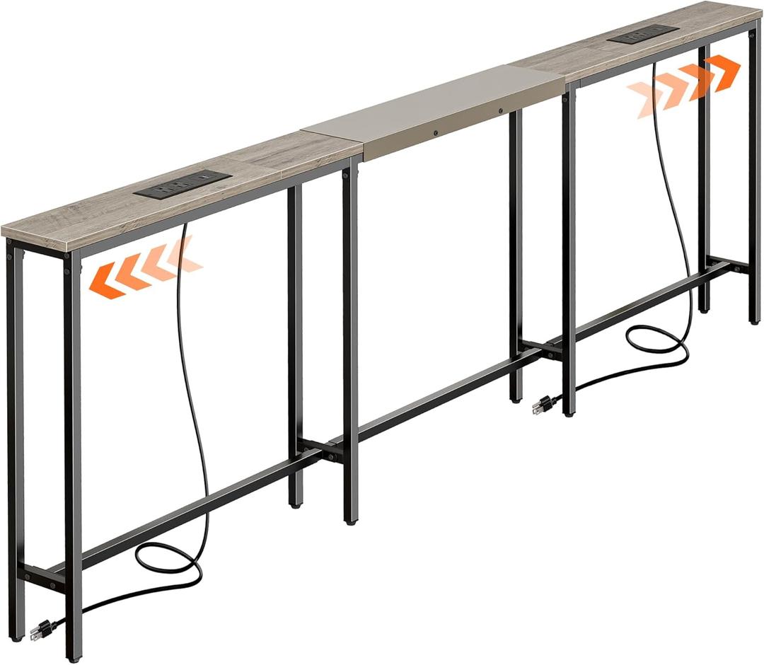 Huuger Narrow Sofa Table with 2 Power Outlets, 86.6-110.2 Inch Adjustable Length, Behind the Couch Table with USB-C Port, Long Entryway Console Table, Anti-tip Kit, for Living Room, Oak
