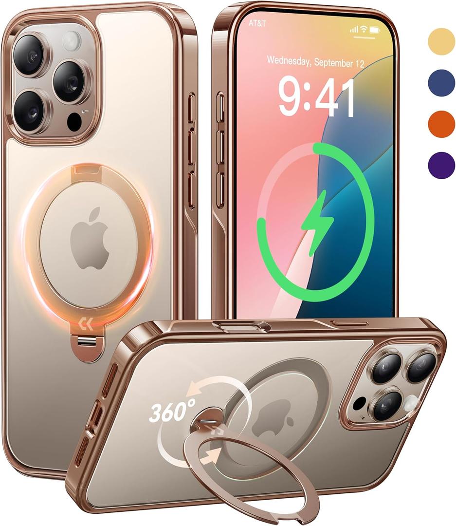 CASEKOO 360 Spin Magnetic Stand for iPhone 16 Pro Case Desert Titanium [Compatible with Magsafe][16FT Military Protection] Slim Smooth Hand-Polished Frame Titanium Alloy Sturdy Stand 6.3'', Rose Gold