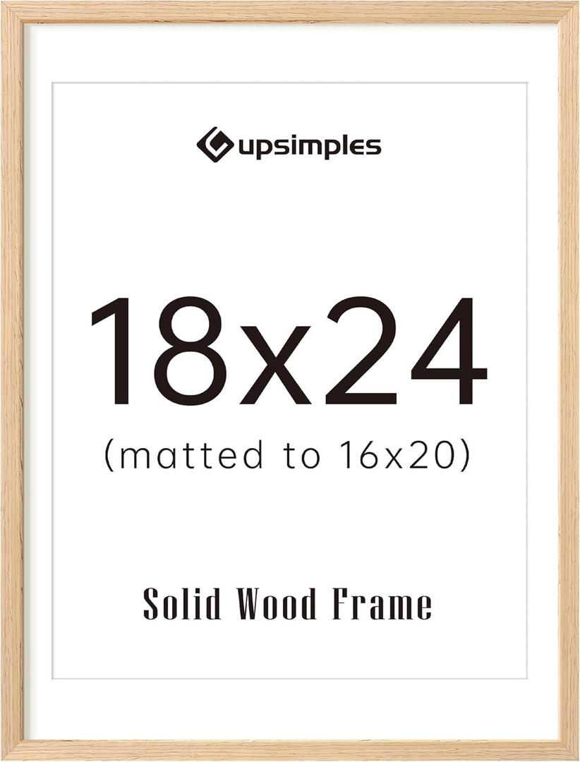 upsimples 18x24 Frame, Natural Solid Wood Picture Frames, Display 16x20 with Mat or 18 x 24 Without, Vertical & Horizontal Wall Hanging, 1 Pack, Natural