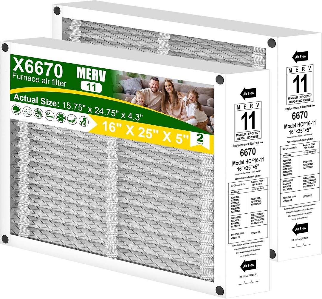 X6670 16x25x5 Air Filter MERV 11 Compatible with Lennox X6670, HCF16-11,HCF16-10, Furnace HVAC System, Foldable, Replaces Part # X6660 HCC16-28