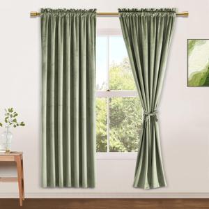 JIUZHEN Sage Green Velvet Curtains 63 inches for Living Room - Privacy Protect Room Darkening Rod Pocket Thick Velvet Window Drapes for Bedroom/Dining Room, Set of 2 with Tiebacks, W42 x L63 inches