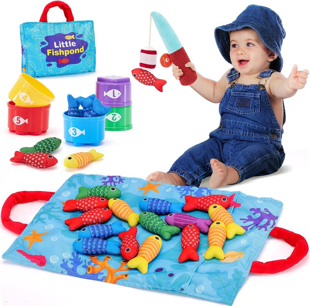Hahaland Montessori Toys for 1 Year Old Boy Girl Birthday Gift - 10 in 1 Cloth Fishing Game Toddler Toys with Stacking Cups - Number Counting