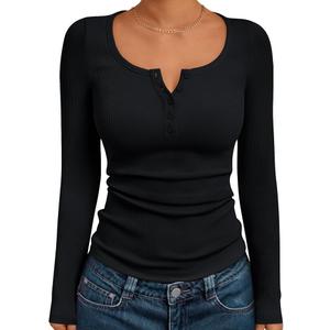 Long Sleeve Shirts for Women Henley Fall Ribbed Button Tops Slim Fit Winter Spring Cute Casual Basic Blouse Tees M