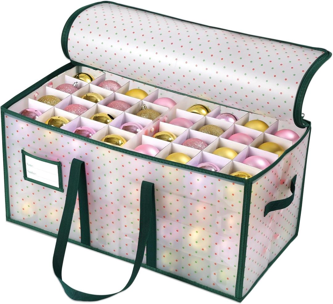 Portable Waterproof Christmas Ornament Storage Box, Large Capacity 128 Slots for 3-Inch Ornaments, Double-Sided Trays with Durable Zippers (Green)