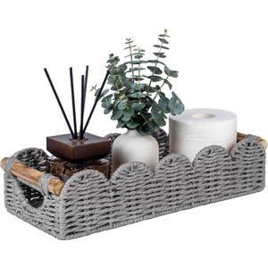 CubesLand Bathroom Basket Organizer w/Cut Out Handle, Back of Toilet Paper Storage Baskets Tray for Bathroom Countertop Decorative, Scalloped Wicker Basket Also for Home Decor, Living Room, Grey (14.96" (L) x 6.3" (W) x 3.54" (H))