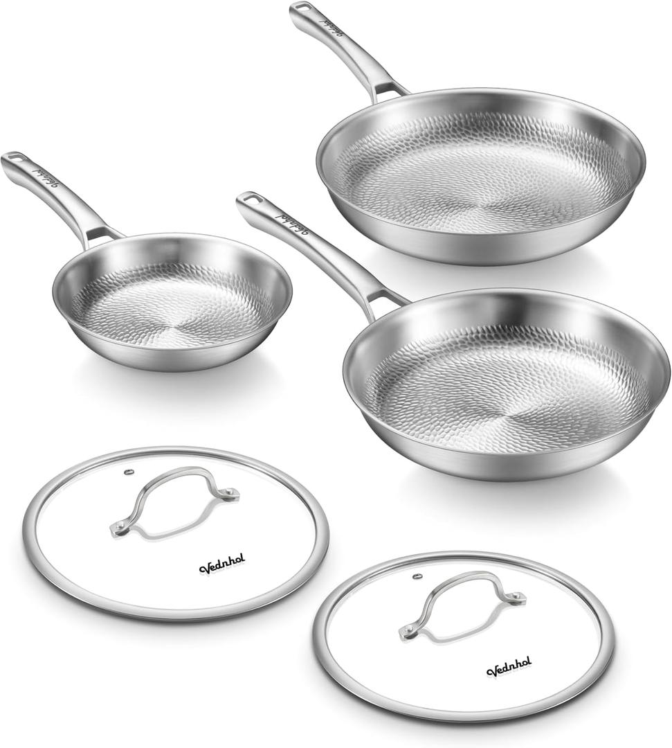 Titanium Pans set, 8+10+12Inch Pure Titanium Hammered Pro with Two Lids, Non-Toxic Skillet for Cooking, PFAS/PFOA/PTFE Free Cookware, Dishwasher&Oven Safe, Kitchen Induction Compatible