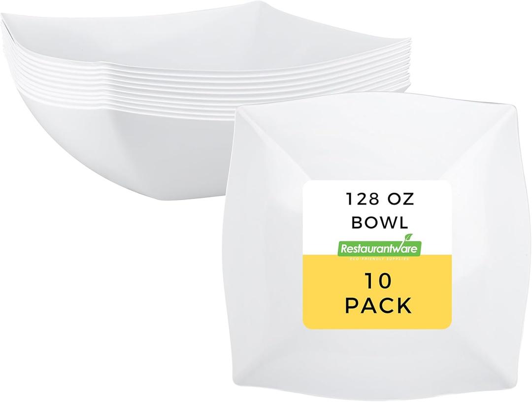 Restaurantware Moderna 128 Ounce Fancy Plastic Bowls 10 Square Disposable Salad Bowls - Durable Heavy-duty Clear Plastic Bowls For Warm And Cold Foods (White)