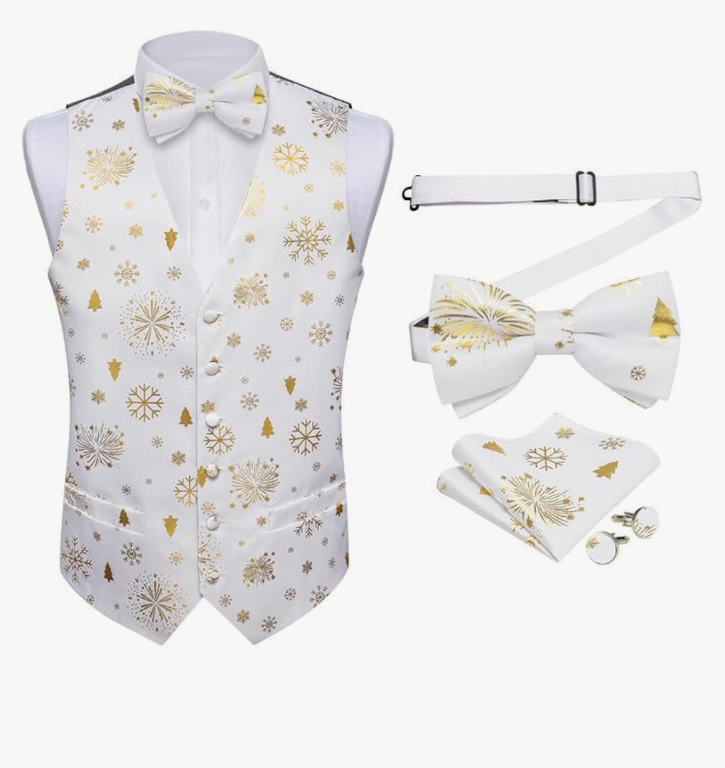 DiBanGu Mens Christmas Suit Vest Festive Xmas Dress Waistcoat and Bowtie Set Vacation Holiday Dress Vest for Tuxedo Party 2XL White Gold