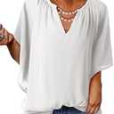 SHEWIN Womens Casual V Neck Loose 3/4 Bell Sleeve Chiffon Blouse Shirt Pleated Flowy Tunic Tops, Size 2XL