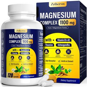 Magnesium Complex for Women & Men 1100mg, 7-in-1 Magnesium Supplement with Ashwagandha & L-Theanine for Calm & Sleep Support, High Absorption, Vegan 120 Capsules