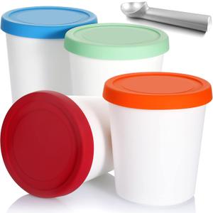 Nuenen 5 Pack Ice Cream Containers 1Qt Freezer Storage Tubs with Silicone Lids and Spoon for Homemade Ice Cream Reusable, Sorbet Dishwasher Safe(Blue, Red, Green, Orange)