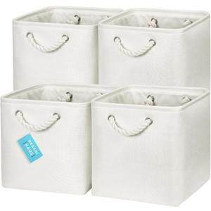OrganiHaus 11x11 Cube Storage Bins 4 pack, Foldable Cube Storage Organizer w/ Rope Handles, Collapsible Fabric Bins for Toys, Clothes & Closet Organization, Fabric Square Baskets - Off-White