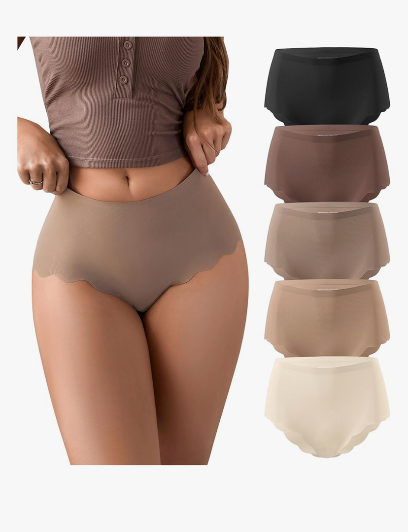SHARICCA Seamless High Waisted Underwear for Women Cheeky Underwear Wave Edge No Show Bikini Panties Ribbed Panties Pack Amazon's Choice, Size: L