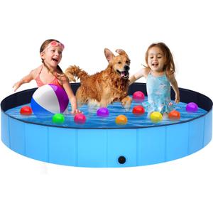 Foldable Dog Pool - 63" x 12" Anti-Slip Portable Dog Swimming Pool, Hard Plastic Collapsible Kiddie Pool for Outdoor and Indoor for Pets Dogs Cats and Kids (Blue)