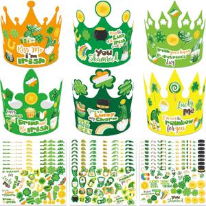 WorldBazaar St. Patrick's Day Crown Crafts Kits for Kids 24 Pack Green Shamrock Clover Paper Hat with Stickers Lucky Irish Classroom Family Party Supplies