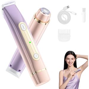 Bikini Trimmer for Women, 2-in-1 Electric Razor with Dual Heads, Ceramic Blade, Waterproof & Rechargeable, Painless Pubic Hair Shaver for Bikini, Underarm, Legs, Face  PinkPurple