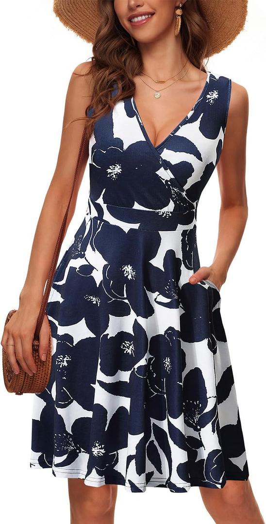 GUBERRY Womens Wrap V Neck Sleeveless Sundress Summer Flare Tank Dress with Pockets (Small, Blue/White)