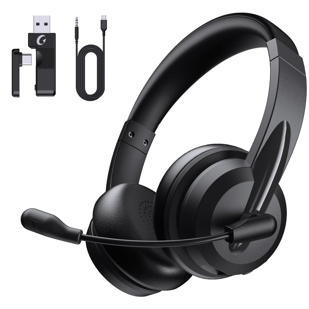 Wireless Headset with Mic for Work with AI Noise Cancelling Mic for Clear Calls, Bluetooth V5.3 Headphones with Microphone to USB A/C Dongle & Mic Mute for Computer Laptop PC iPhone (Black)