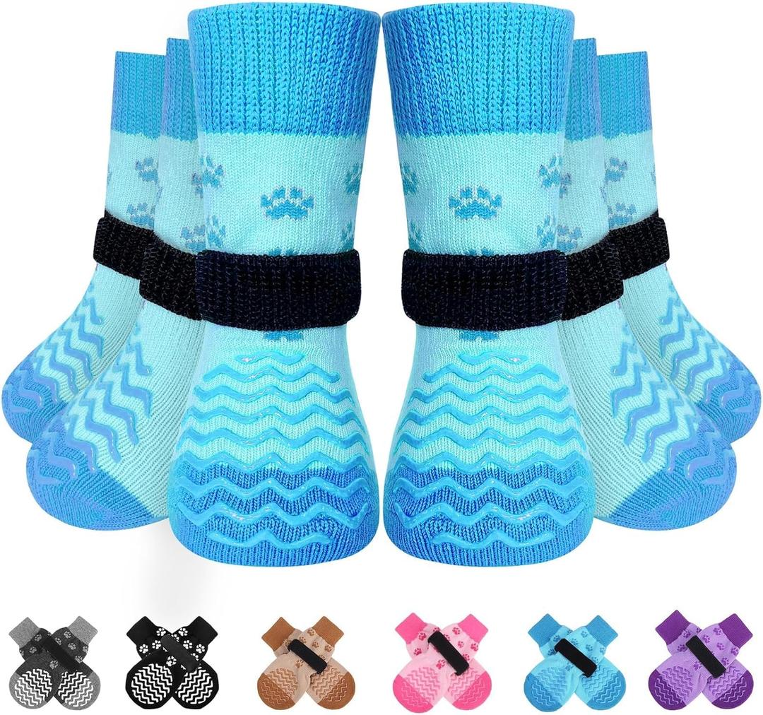 EXPAWLORER 6Pcs Anti Slip Dog Socks to Prevent Licking Paws, Dog Shoes for Winter, Double Sides Dog Boots & Paw Protectors Booties for Hardwood Floors with Grippers Small Medium Large Senior Dogs, X-Small, Blue