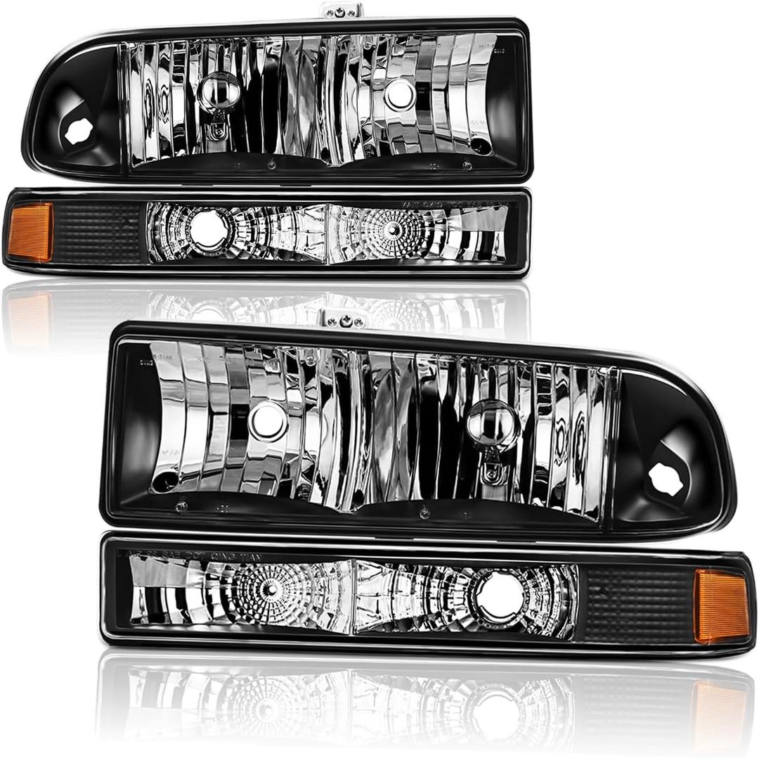 Headlights Assembly Compatible with 1998-2004 Chevrolet S10 Pickup,98-05 Chevy Blazer Halogen Headlamp w/Bumper Lights, Black Housing Amber Corner