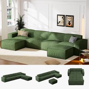Marsail 111' Modular Sectional Sofa, L-Shape Corduroy Cloud Couch with Deep Seat, Freely Combinable Boneless Sofa for Living Room, No Assembly Required, Dark Green