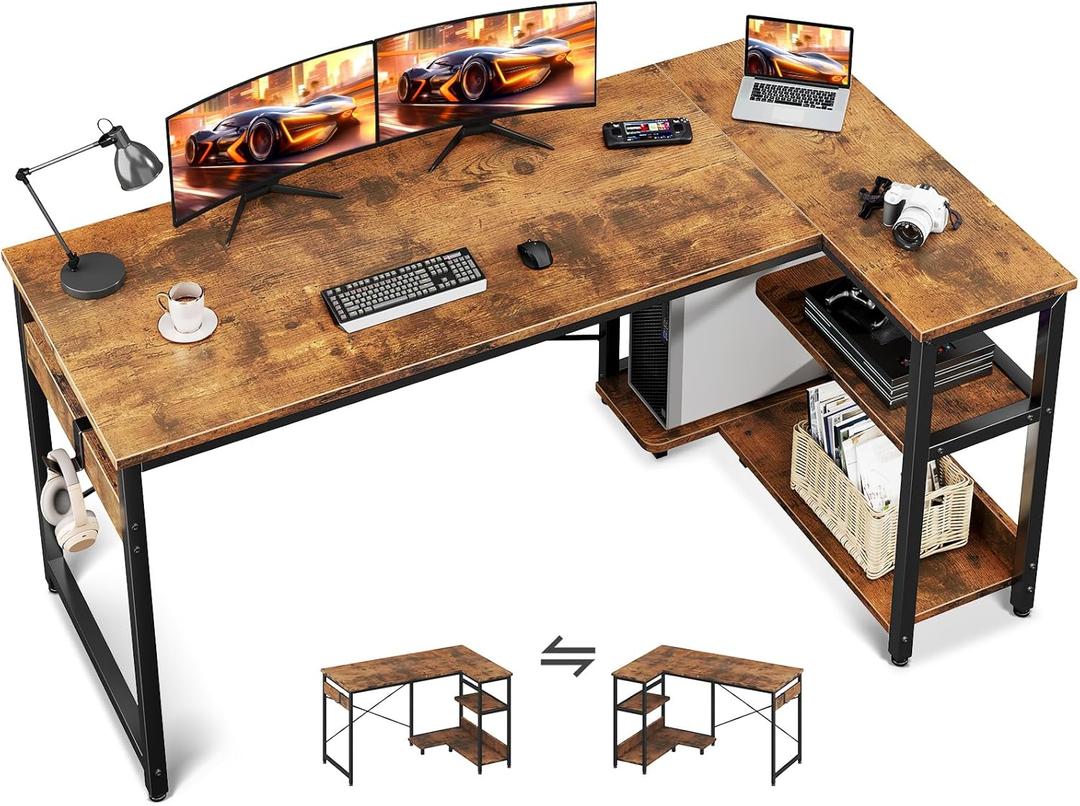 Casaottima L Shaped Computer Desk, 55 Inch Small Corner Desk with Storage Shelves & PC Stand, Reversible Gaming Desk for Bedroom, Modern Writing Study Table for Home Office, Vintage