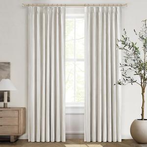 Buttercream Blackout Curtains 90 Inches Long, Thick Linen Patio Drapes for Insulated Sliding Glass Doors Cute Curtains for Nursery Bedroom Aesthetic Pinch Pleated with Hooks 2 Panels (Birch)