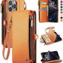Defencase Compatible with iPhone 16 Pro Max Case Wallet with RFID Blocking Card Holder for Woman Men, PU Leather Magnetic Snap Flip Zipper Strap Phone Case for iPhone 16 Pro Max 6.9", Orange