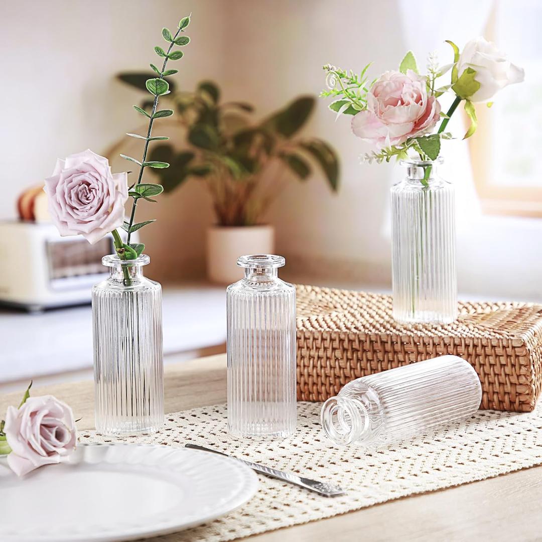 Honeydak Set of 24 Plastic Mini Bud Vases, Vintage Clear Decorative Vases Bulk for Table Centerpieces, Wedding Reception, Baby Shower, Home Decor, Housewarming Gift(Striped)
