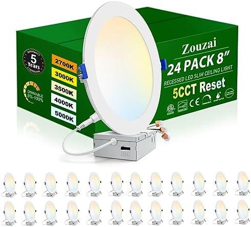 zouzai 24 Pack 8 inch 18W Eqv 150W 1620LM 5CCT Reset Ultra-Thin LED Recessed Ceiling Light with Junction Box, 2700K-5000K Selectable, Dimmable, Commercial and Home use - ETL and Energy Star Certified