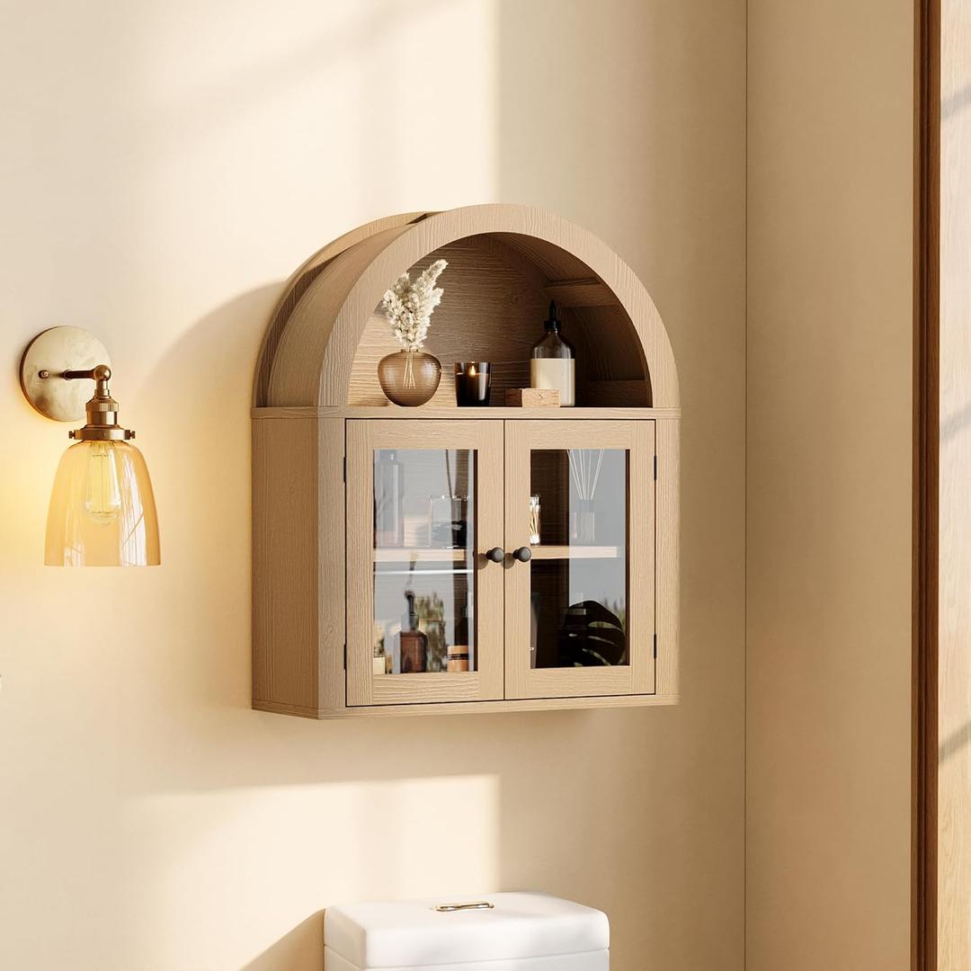 ChooChoo Arched Wall Cabinet with Acrylic Doors, Adjustable Shelf, Rustic Wood Wall Mounted Storage Cabinet for Bathroom, Kitchen, Entryway, Living Room Decor