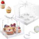 5 Pcs clear cupcake boxes with complimentary gift ribbon, 4 Count cupcake container, plastic cupcake carrier, for desserts muffins for Easter and Mother's Day (White, 4 Counts/5 pcs)