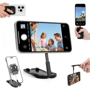 Magnetic Phone Tripod Stand, Portable Mini Selfie Stick for iPhone 17/16/15/14/13/12 & MagSafe, Aluminum Angle-adjustable Foldable Strong Magnet Phone Holder, Travel Essentials, Included Metal Ring (Charcoal Black)