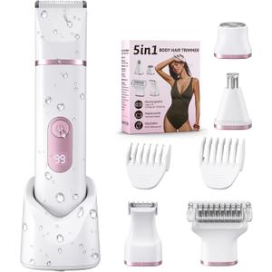 5-in-1 Bikini Trimmer for Women: IPX7 Waterproof Electric Razor Shaver for Silk Skin, Easy Cleaning, 5 Head, Rechargeable Body Hair Removal, LED Display, Ceramic Blade, Gifts for Her