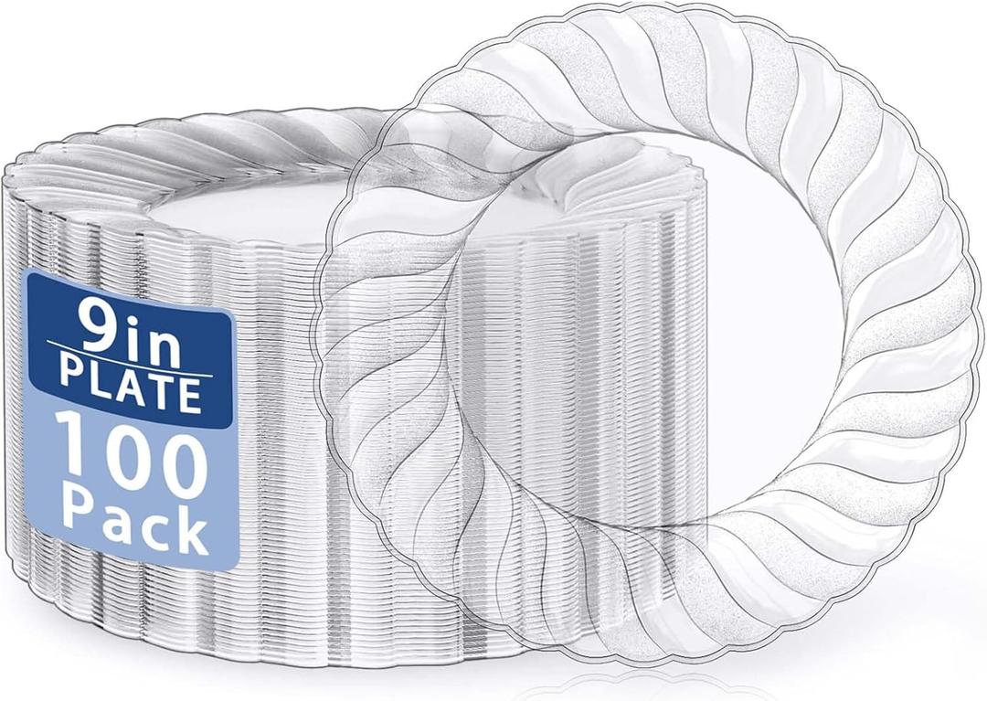 U-QE 100 Pieces Clear Plastic Plates - 9 Inch Clear Disposable Plates - Washable & Reusable - Premium Hard Plates - Party Supplies for Birthdays, Celebrations, Travel, Wedding, Party and Events