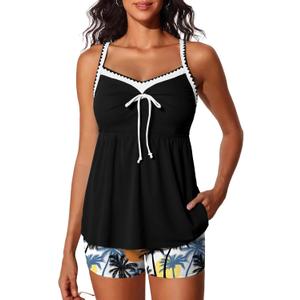Summer Mae Two Piece Tankini Swimsuit Women Shell Stitched Bathing Suit with Pocket Shorts Tummy Control 2025 Swimwear (10, Sunset Palm Silhouette)