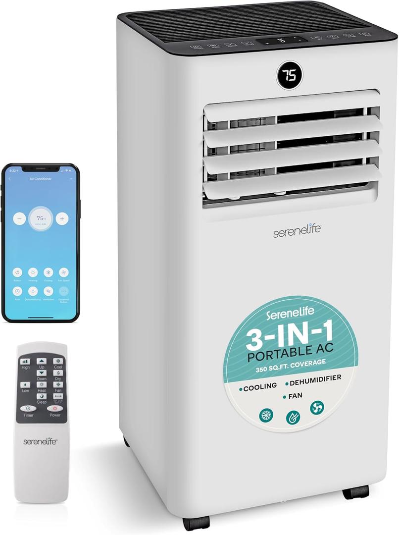 SereneLife 8000 BTU Portable Air Conditioner, Small AC with Dehumidifier and Fan, Wifi Function, Mini AC Unit with 350 Sq. Ft. Coverage, Timer Settings Up to 24 Hours, Includes Remote Control