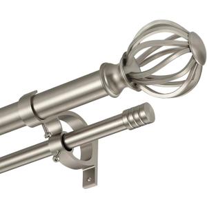 Double Curtain Rods for Window 36-72", Brushed Nickel Double Curtain Rods with Round Cage & Barrel Finials, Adjustable Double Rod Curtain Rod, 1-Inch Front and 5/8 Inch Back Double Drapery Rod