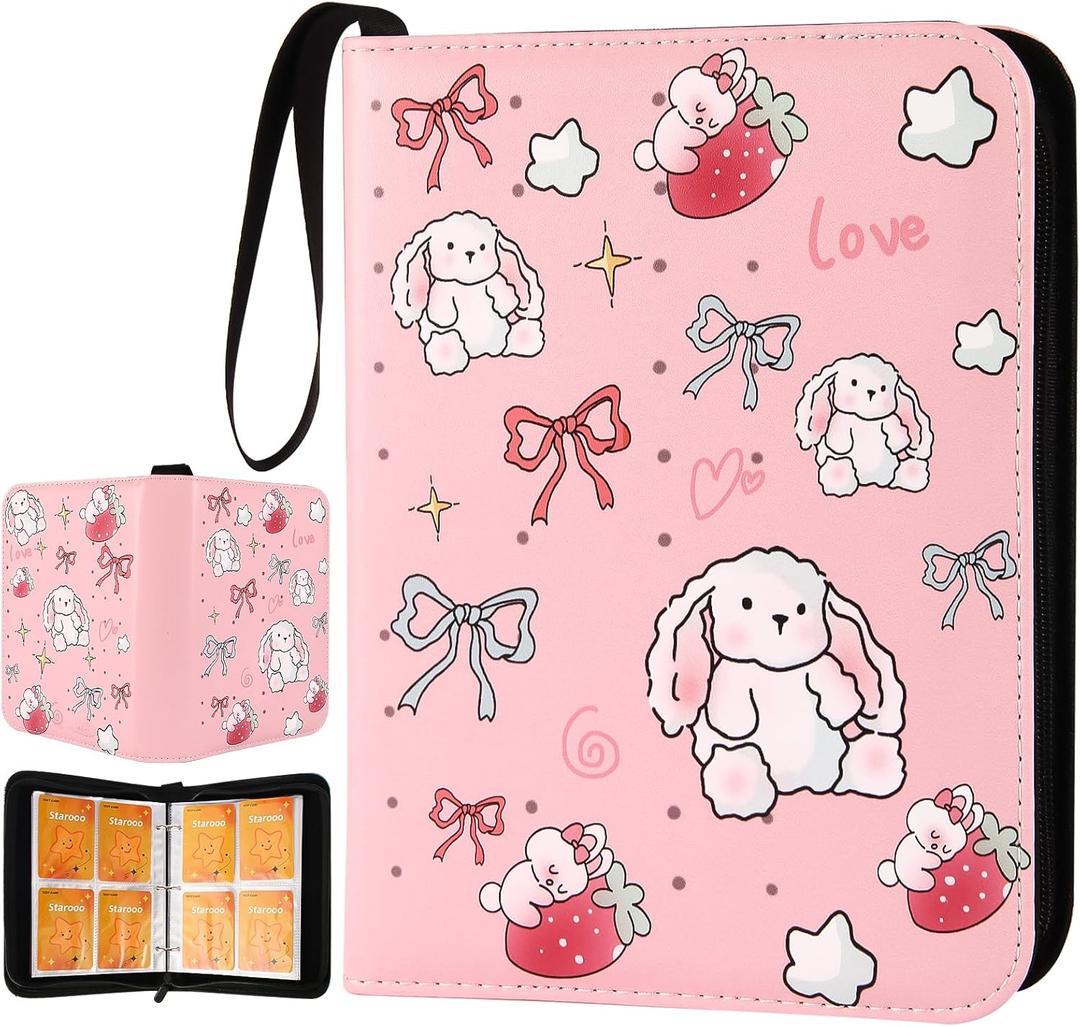 Card Binder 4 Pocket, Trading Card Holder Fits 400 Cards With 50 Removable Sleeves, Portable Collection Card Ablum, Game Card Case book With Zipper for Gift, Pink Cute Rabbit