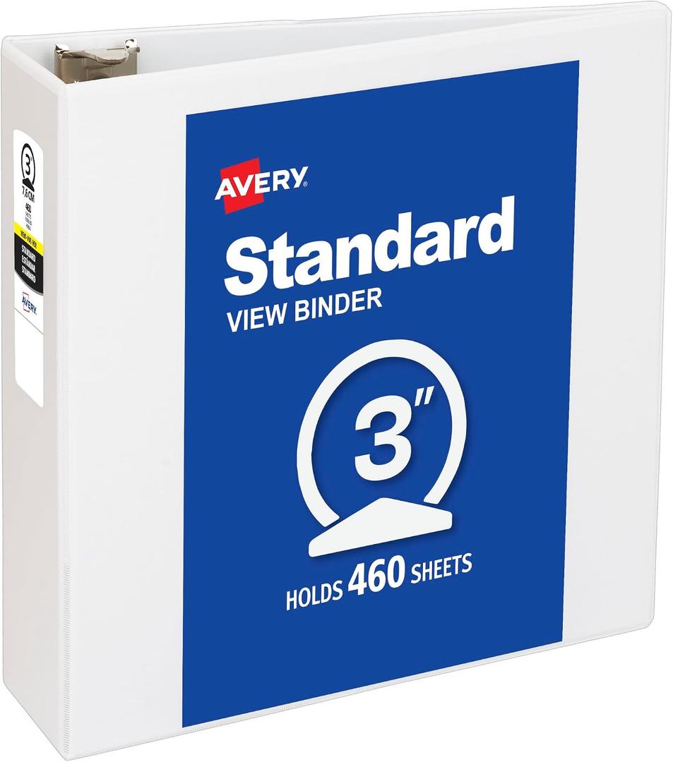 Avery Standard View 3 Ring Binder, 3" Round Rings, 460-Sheet Capacity, 3.5 Inch Wide Spine, 1 White Binder, Ideal for Lightweight Organization and Occasional Referencing (05741)